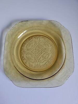 Estate Federal Amber Yellow Depression Glass Madrid Square Dinner Plate 7.5in