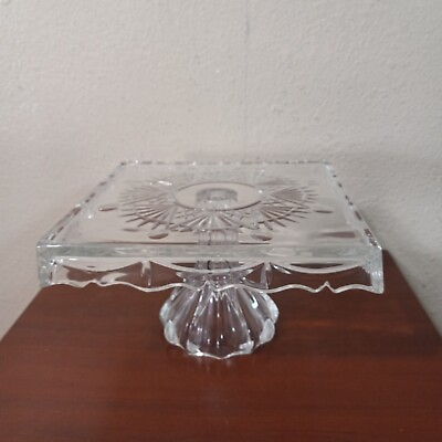 #ad Godinger Lead Crystal 10in Square Pedestal Cake Plate Stand Freedom Clear 5116
