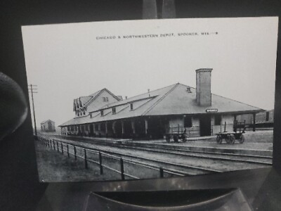 #ad Chicago amp; Northwestern Railroad Train Station Depot Postcard SPOONER Wisconsin