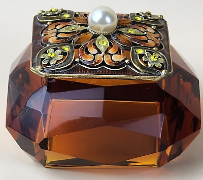 #ad #ad Mini Amber Faceted Glass Trinket Box with Metal Lid 2.5quot; x 2.5quot; x 1.5quot;
