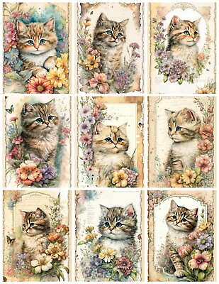 #ad Set of 9 Shabby Chic Kitty Cat Floral Collage Craft Quilt Cotton Fabric Panel
