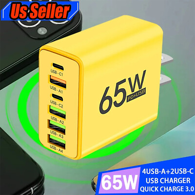 #ad 65W 4 USB 2 Type C Fast Wall Charger PD QC3.0 Adapter Fast Charge Universal