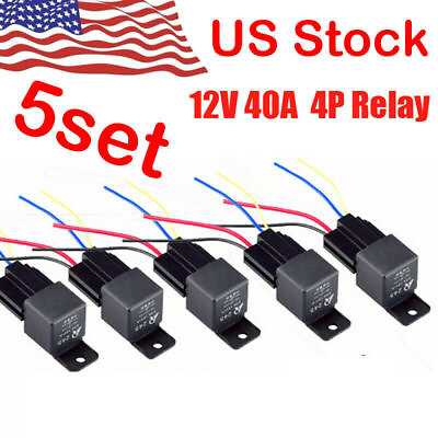 #ad 5 Pack 12V 30 40 Amp 4 Pin SPST Automotive Relay with Wires amp; Harness Socket Set