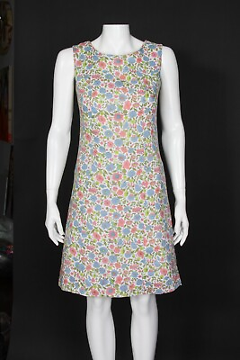 #ad Vintage LIBERTY OF LONDON 100% Linen Floral Pink Blue Sleeveless Dress sz 8 301