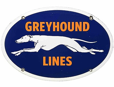 #ad VINTAGE GREYHOUND BUS LINE PORCELAIN SIGN GAS OIL DEPOT STOP YELLOWAY DOG AUTO