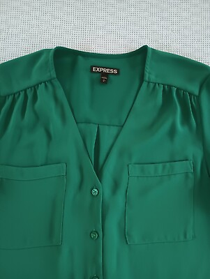#ad EXPRESS Green Blouse Top LS Roll Tab Button Front V neck Shirred Bodice Sz Small