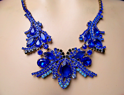 #ad LILIEN CZECH Sapphire Blue Rhinestone Glass Vintage Style Necklace