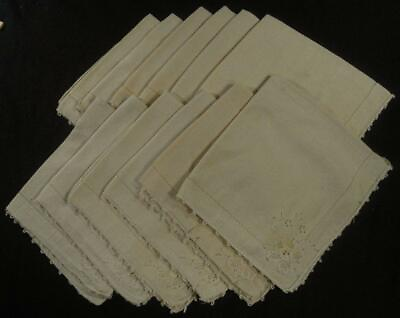 #ad 12 VINTAGE 100% COTTON NAPKINS W LACE FLOWER IN ONE CORNER