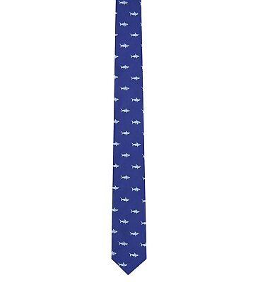 #ad Blue Embroidered Shark Mens Skinny Tie