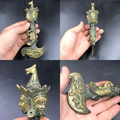 #ad Near Eastern Beautiful Old Gold Gilding Bronze Rare Axe With Dragon King Faces