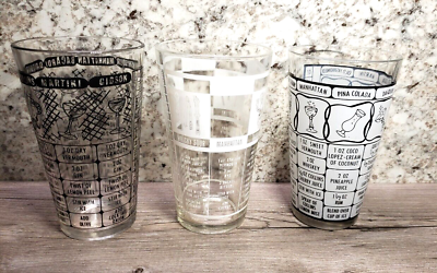 #ad Lot of 3 Vintage Federal Glass Cocktail Mixer Bartender Drink Recipes Glasses