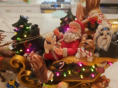 #ad Danbury Mint Christmas Shih Tzu Dog amp; Santa Sleigh Lighted Figure Sculpture