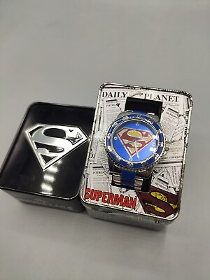 #ad #ad DC COMICS SUPERMAN ACCUTIME STAINLESS STEEL CASEBACK WATCH NOS