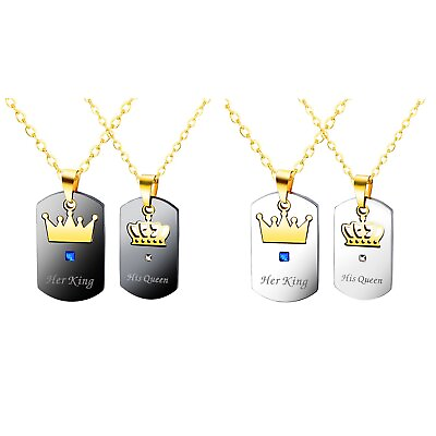 #ad 2PCS Couples Gift her King his Queen CZ Dog Tag Pendant Stainless Steel Necklace
