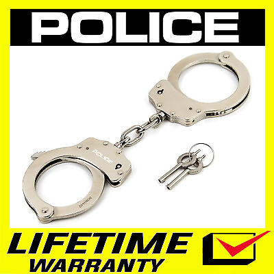 #ad POLICE Steel Handcuffs Heavy Duty Metal Professional Double Lock Silver