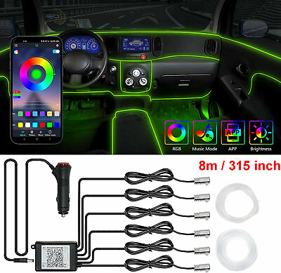 #ad 8M RGB LED Car Interior Fiber Optic Neon EL Wire Strip Atmosphere Light Kit APP