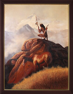#ad Native American Warrior amp; Horse Oil Painting signed B. Taylor Custom Wood Frame
