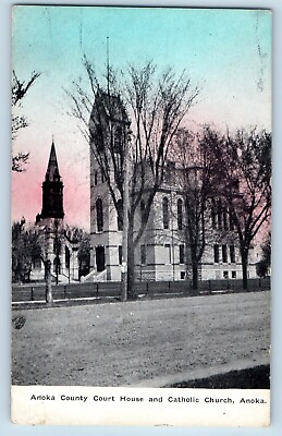 #ad Anoka Minnesota Postcard County Court House Catholic Church 1910 Vintage Antique