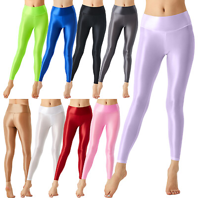 #ad #ad Womens Shiny Glossy High Waist Yoga Pants Solid Stretchy Workout Dance Leggings