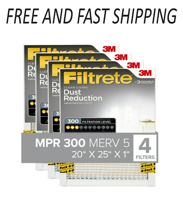 #ad Filtrete 20x25x1 Air Filter MPR 300 MERV 5 Clean Living Dust Reduction 4 Pcs