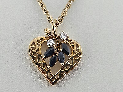 #ad ESTATE Gold Tone NATURAL SAPPHIRE and Cubic Zirconia PENDANT Necklace 16quot;