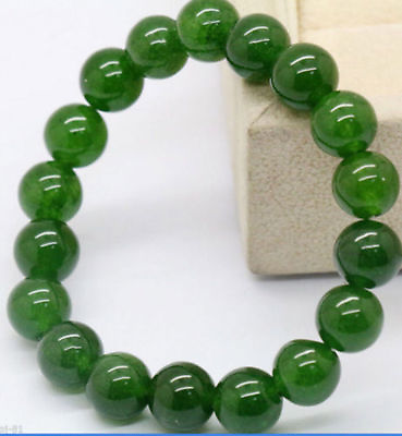 #ad Natural 10mm Dark Green Jade Round Gemstone Beads Stretchy Bangle Bracelet 7.5#x27;#x27;