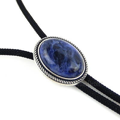 #ad Oval Plessite Blue Stone Bolo Tie Real Silver Plated 36quot; Adjustable Fiber Cord