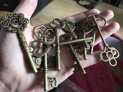 #ad #ad 9pcs Keys BIG Large Antique Vintage old Brass Skeleton Lot for DIY Making Lock