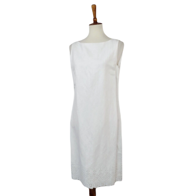 #ad Casual Corner White and Eyelet Linen Blend Sleeveless Sheath Dress 10
