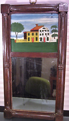 #ad Antique Federalist Style Reverse Painting Trumeau Mirror