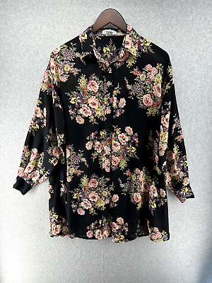 #ad Vintage Express Compagnie Internationale Blouse Tunic Size XS Black Floral