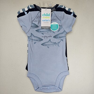 #ad Carters Baby Boy Bodysuit Set Newborn 0 Months 3 Piece Blue Shark Great Gift