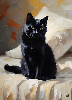 #ad 5x7 Black Cat Kitten Print Painting Art Work By Artist Luna A1