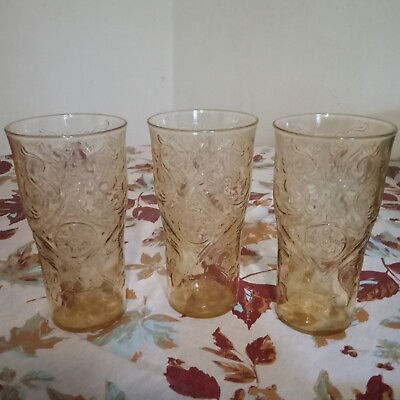 #ad Federal Amber Glass Madrid Pattern 5.5quot; Iced Tea Tumblers Depression Glass