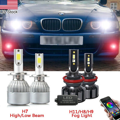 #ad For BMW 3 4 5 White LED Headlight H7 Hi Lo Beam H8 RGB APP Fog Light Combo Kit