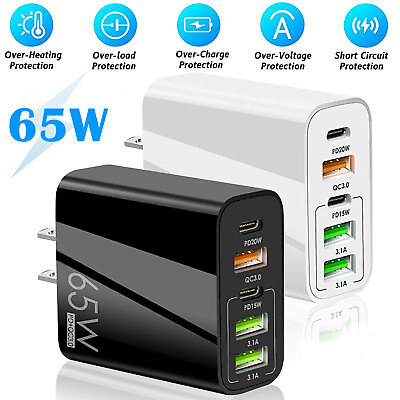 #ad 65W 5USB Type C Fast Wall Charger PD QC 3.0 Adapter for Samsung iPhone MacBook