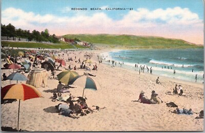 #ad REDONDO BEACH California Postcard Bathing Beach Scene Kropp Linen Dated 1941