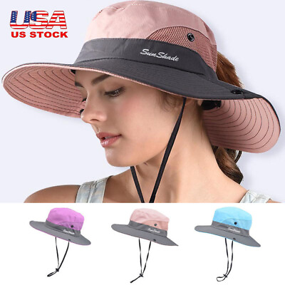 #ad Women#x27;s Summer Bucket Hat Boonie Ponytail Wide Brim Sun UV Protection Travel Cap