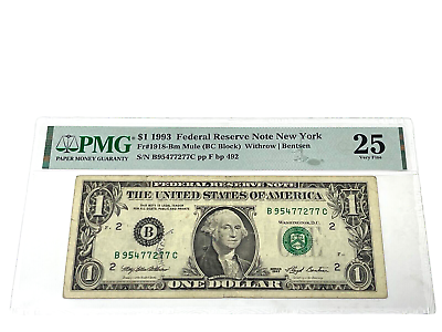 #ad #ad 1993 $1 One Dollar FEDERAL RESERVE NOTE New York #x27;PMG 25 Very Fine#x27; #2