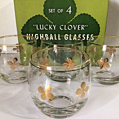 #ad FEDERAL GLASS COMPANY LUCKY CLOVER HIGHBALL GLASSES 4 PACK ORIGINAL BOX VINTAGE