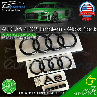 #ad Audi A6 Front Rear Rings Emblem Gloss Black Trunk Logo Quattro Badge Set OE 4PC