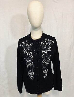 #ad Beaded Bombshell Cardigan Sweater Black Size 38 Embroidered Women Vintage 1950#x27;s