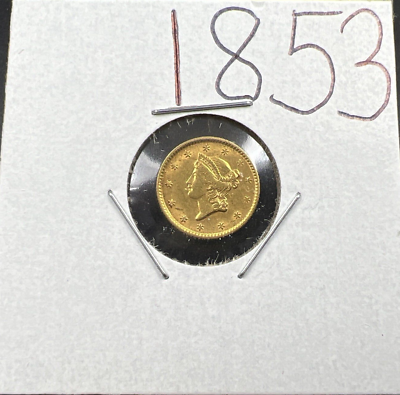 #ad 1853 G $1 Liberty Head Type 1 Gold US Gold Dollar Coin AU About UNC