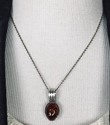 #ad 925 Sterling Silver Pendant 1.25” Amber Stone Oval 4.7g FREE Silver Toned Chain