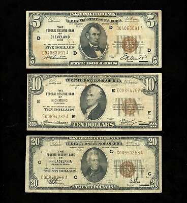 #ad #ad 1929 National Bank Notes Set Federal Reserve Bank $5 $10 $20 Brown Seal Random