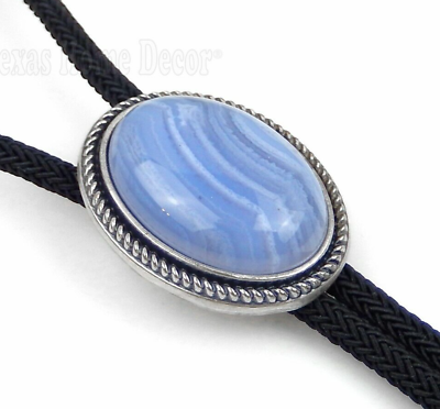 #ad Blue Agate Bolo Tie Oval Stone Real Silver Plated 36quot; Adjustable Fiber Cord