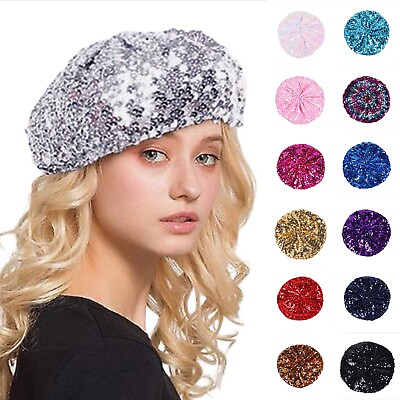 #ad Women Fashion Sparkling Sequins Beret Colorful Cap Nightclub Dress Hat