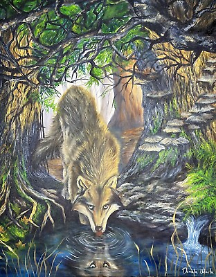 #ad Hand Painted Wolf Oil Painting on Canvas Landscape Nature Painting 30 by 24 In