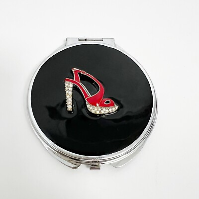 #ad SEXY HIGH HEEL SHOE With Crystals COMPACT MIRROR WITH 2 MIRRORS Red Black