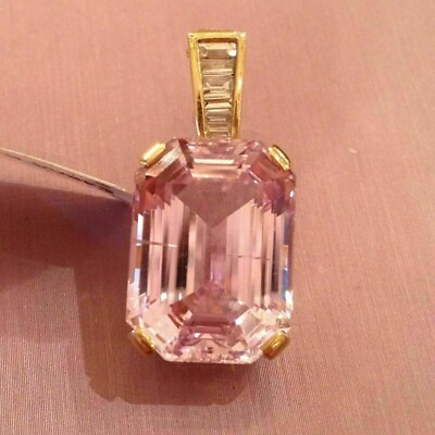 #ad 4 ct Pink Sapphire and Baguette Diamond Pendant Necklace in 18k Yellow Gold Over